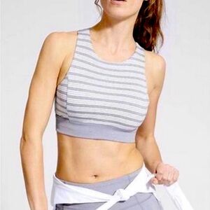 EUC Athleta Deep Breath Gray & White Striped Sports Bra